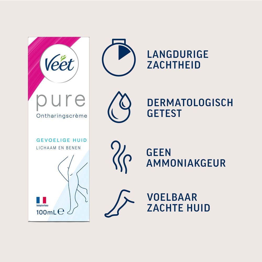 Veet Pure ontharingscrème, hoge verpakking. Tekst: Pure, gevoelige huid, 100ml.