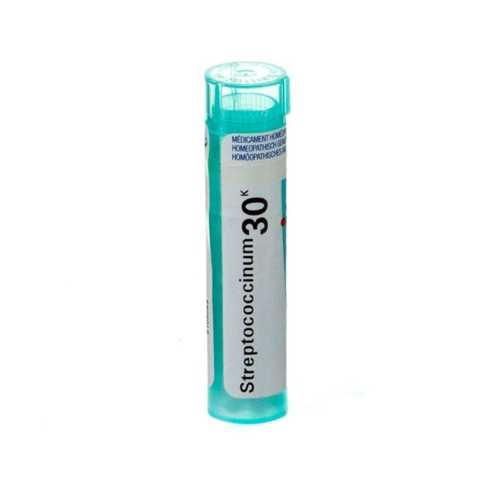 Flacon cylindrique vert. Inscription: Streptococcinum 30K. Bouchon vert. Médicament homéopathique.