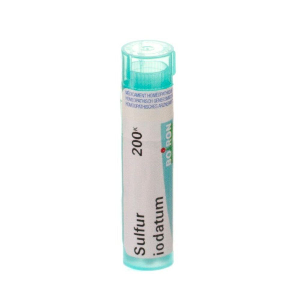 Flacon cylindrique vert. Inscription: Sulfur iodatum 200K, Boiron. Contient des granules.