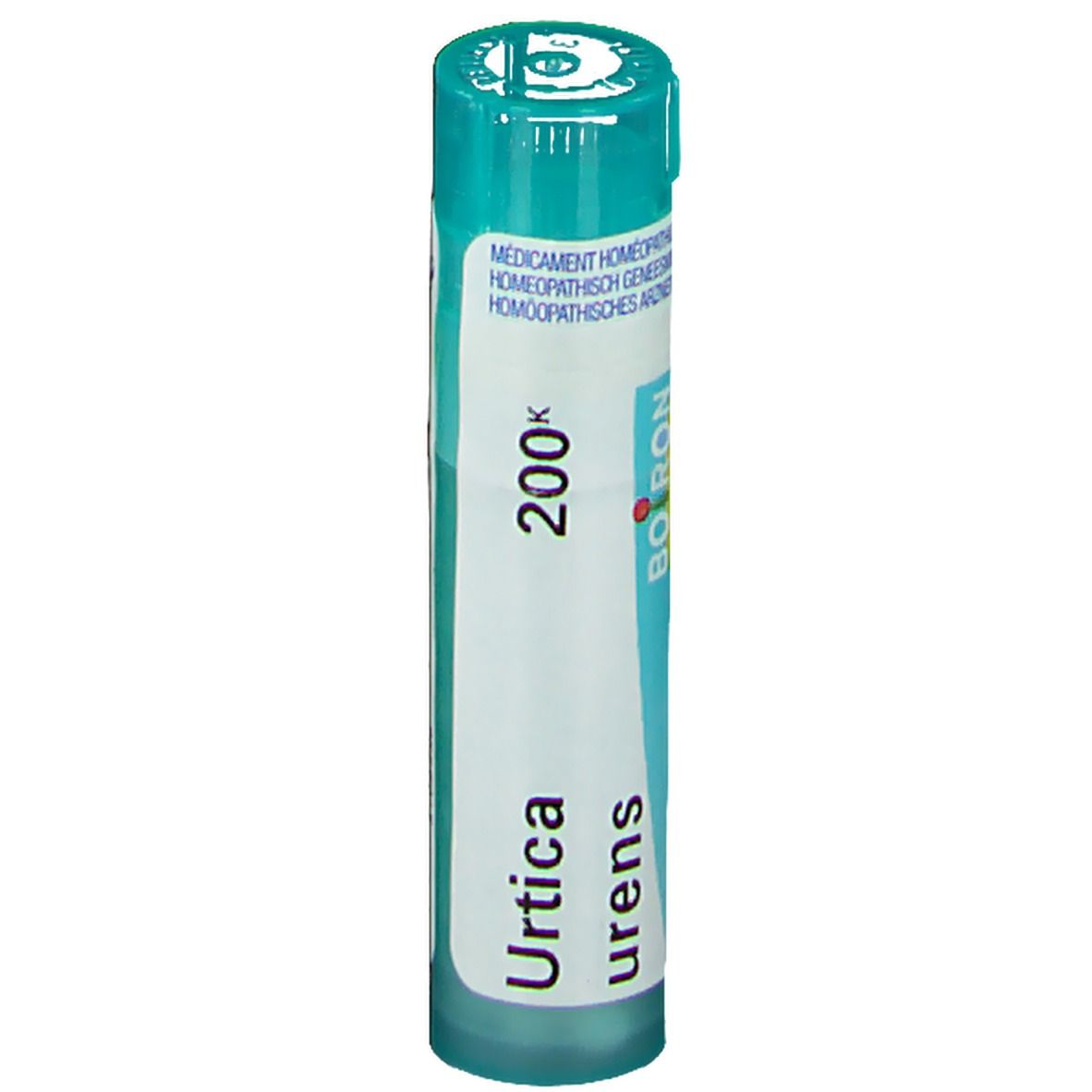 Cilindrische fles met blauwe dop. Opschrift: Urtica urens 200K, Boiron.