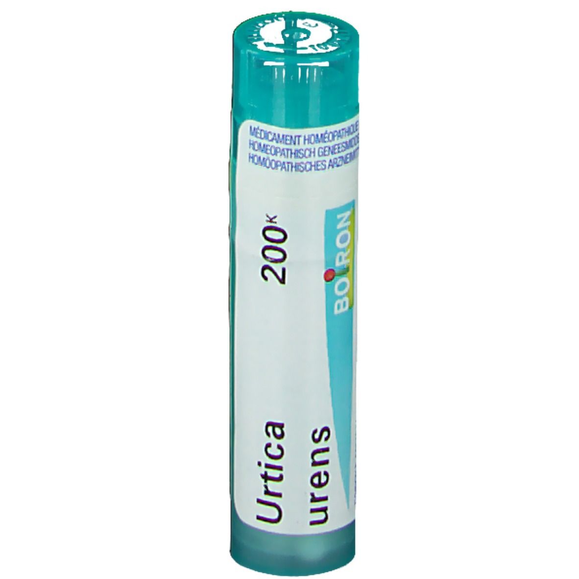 Cilindrische fles met blauwe dop. Opschrift: Urtica urens 200K, Boiron.