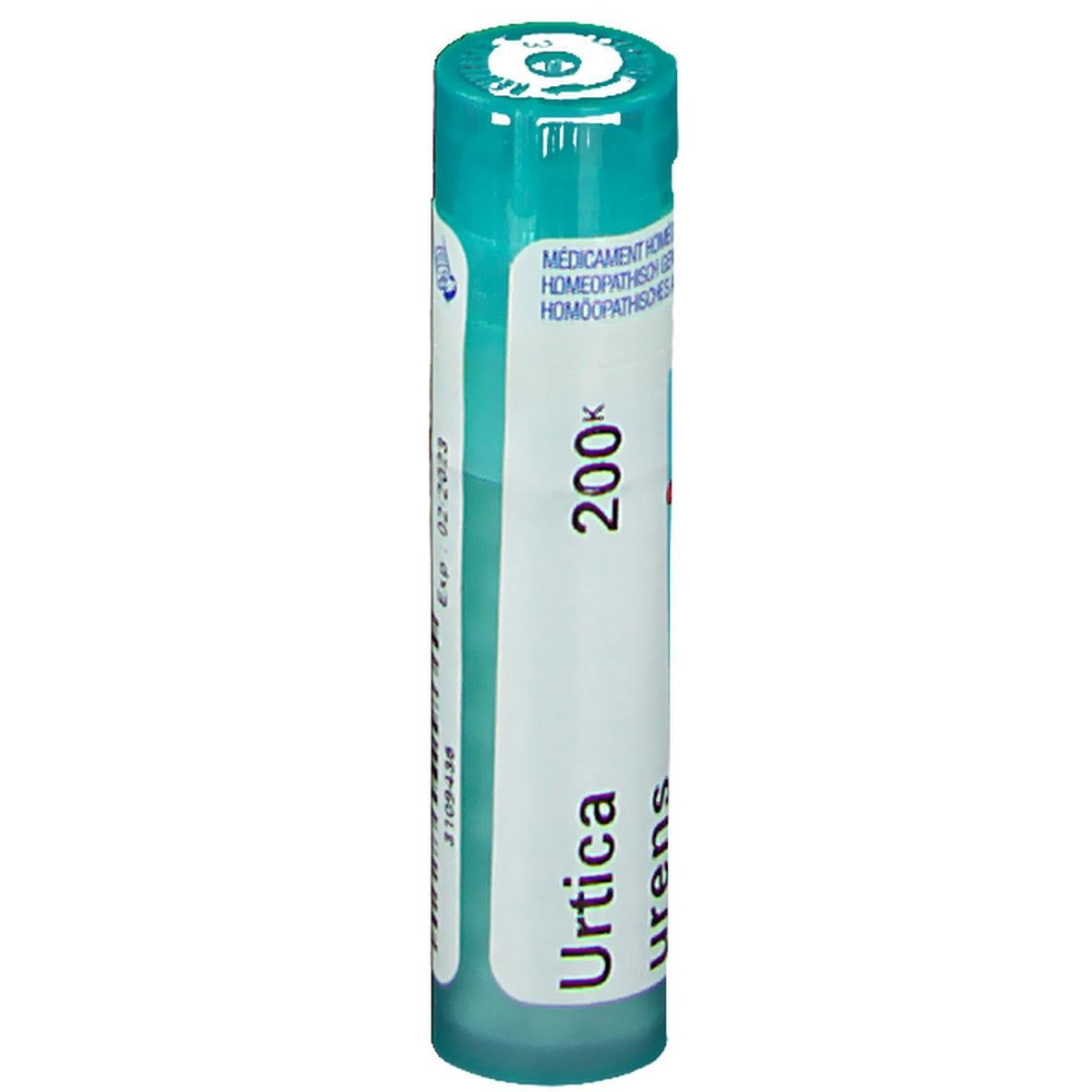 Cilindrische fles met blauwe dop. Opschrift: Urtica urens 200K, Boiron.
