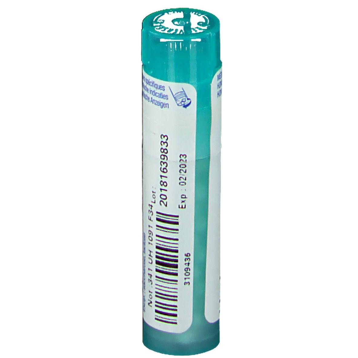 Cilindrische fles met blauwe dop. Opschrift: Boiron, Exp 02/2023.