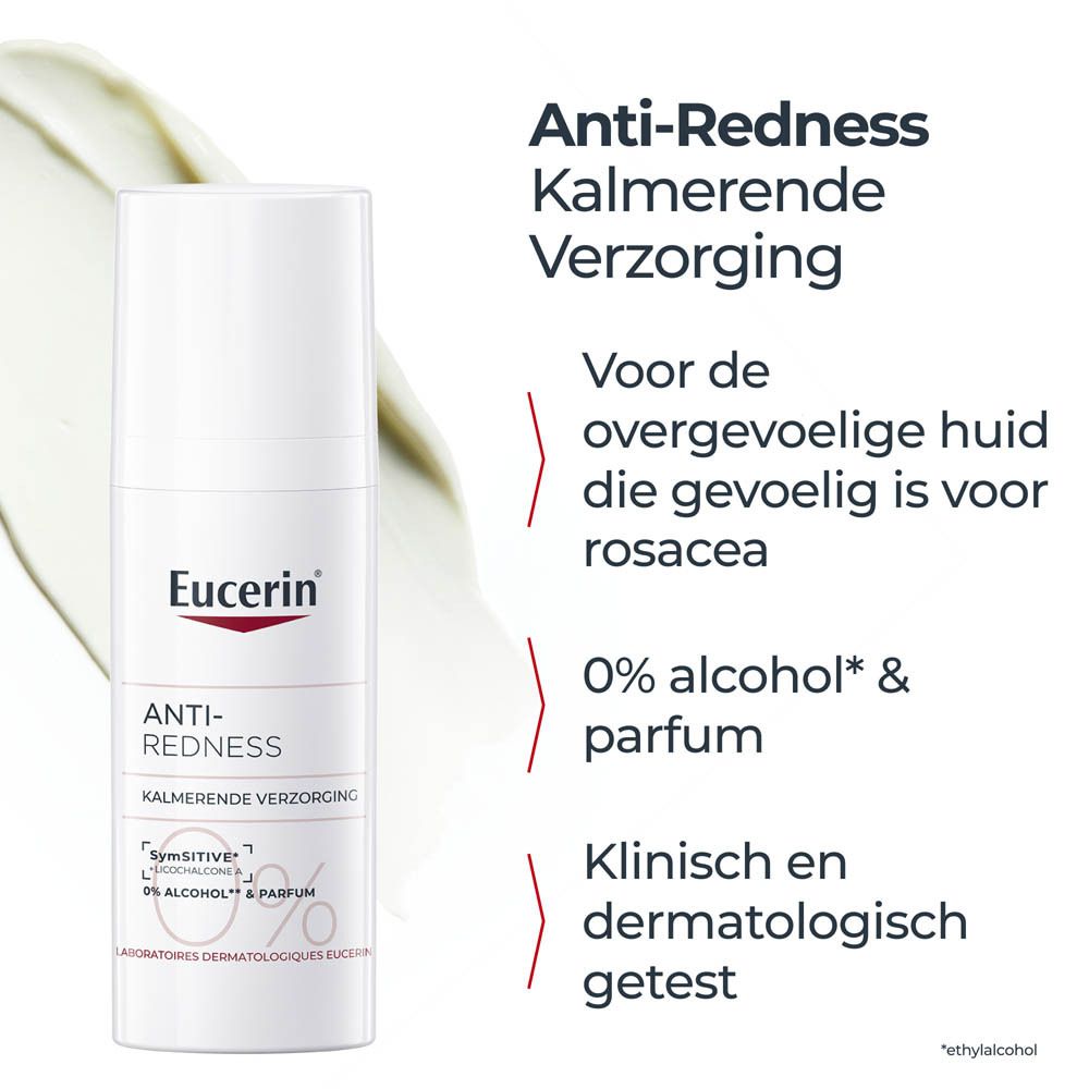 Eucerin Anti-Roodheid Kalmerende Verzorging: 0% alcohol & parfum, klinisch getest.