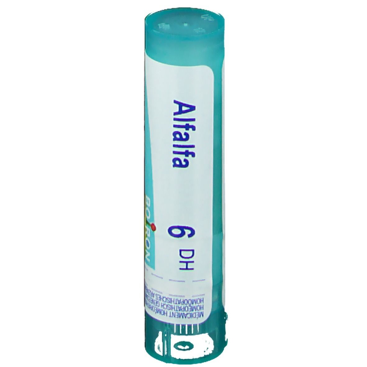 Cilindervormige verpakking met wit etiket. Opschrift: Alfalfa 6 DH. Merk Boiron.