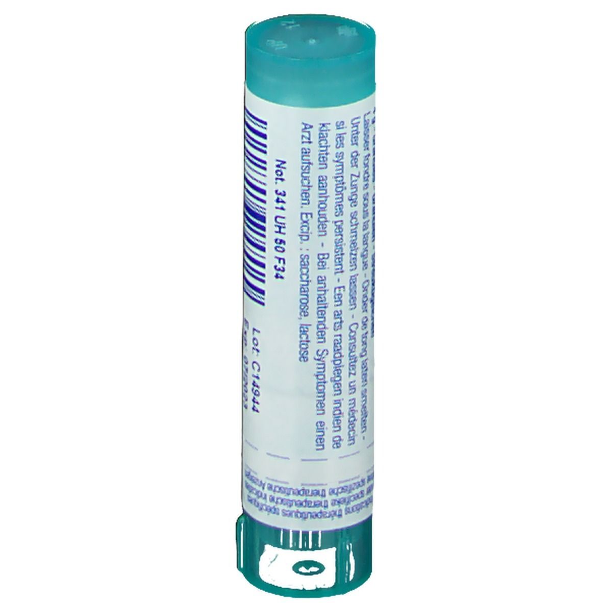 Cilindervormige verpakking. Tekst met instructies en ingrediënten. Lotnummer C14944.