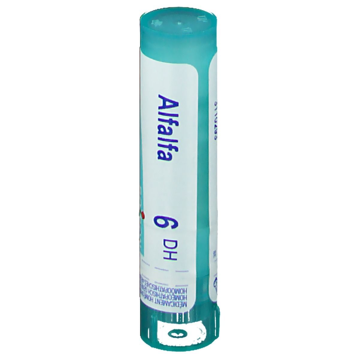 Cilindervormige verpakking met wit etiket. Opschrift: Alfalfa 6 DH.