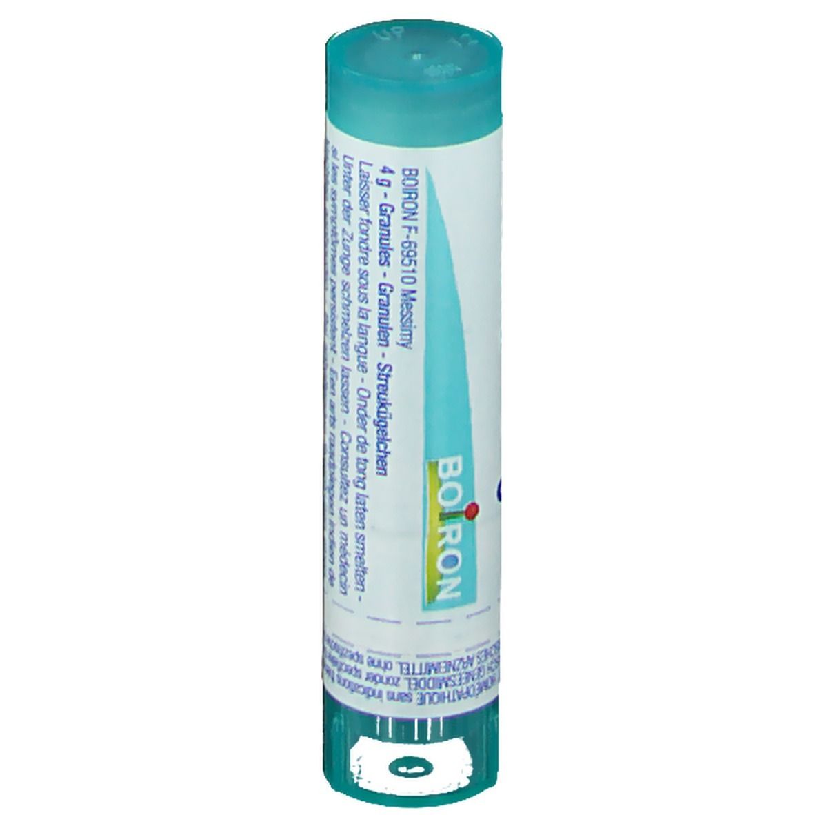 Cilindervormige verpakking. Opschrift: Boiron, 4 g granules. Tekst in meerdere talen.