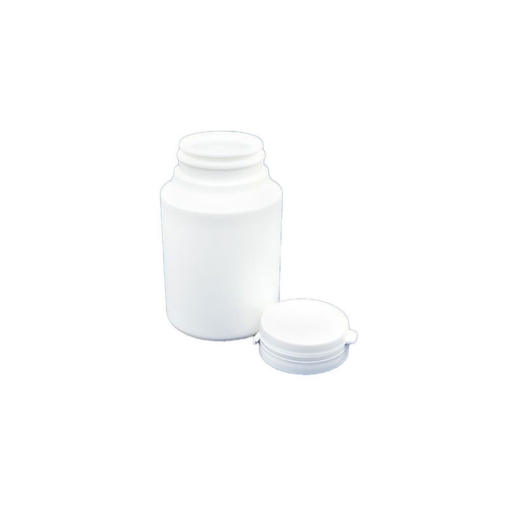 Flacon cylindrique blanc avec bouchon à pression détaché. Contenant en plastique.