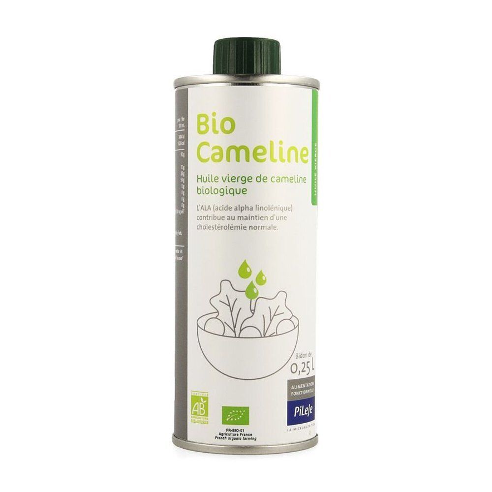 Bio Camelina olie, 0,25L blik. Voorkant met salade-illustratie en Bio-keurmerken.