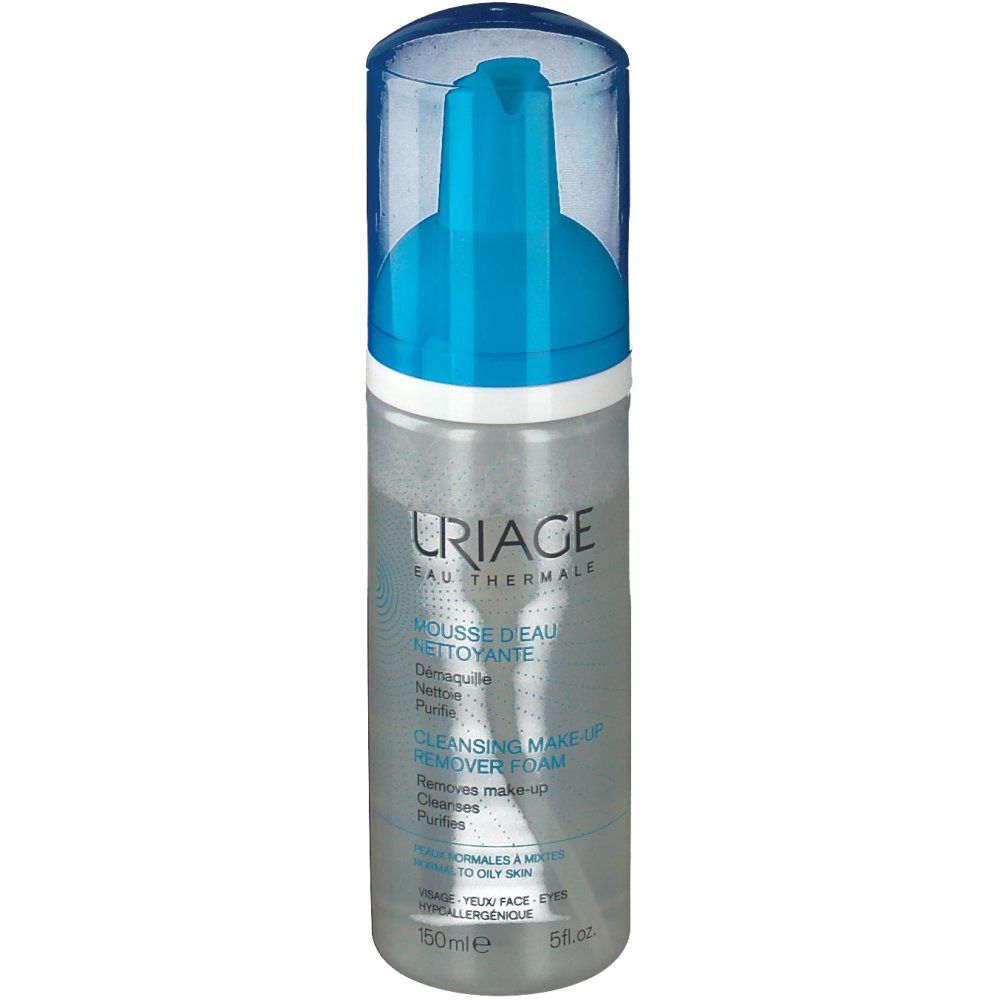 Uriage Reinigings-Wasserschaum. Transparante fles met blauwe pomp. Opschrift: Uriage, Mousse d'Eau, Cleansing Make-up Remover Foam.