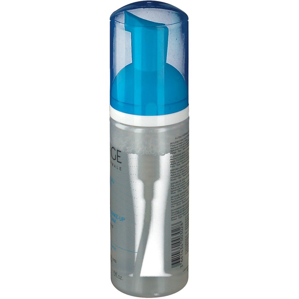 Uriage Reinigings-Wasserschaum. Transparante fles met blauwe pomp. Zijaanzicht. Opschrift: Uriage, Mousse d'Eau, Cleansing Make-up Remover Foam.