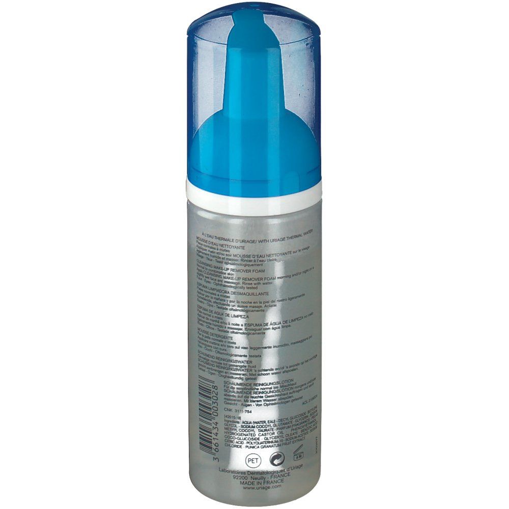 Uriage Reinigings-Wasserschaum. Transparante fles met blauwe pomp. Achterkant met tekst. Opschrift: Uriage, Mousse d'Eau, Cleansing Make-up Remover Foam.