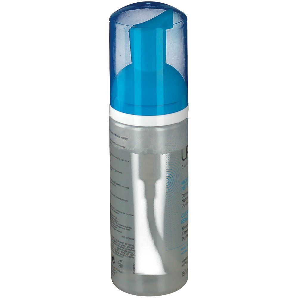 Uriage Reinigings-Wasserschaum. Transparante fles met blauwe pomp. Zijaanzicht met tekst. Opschrift: Uriage, Mousse d'Eau, Cleansing Make-up Remover Foam.