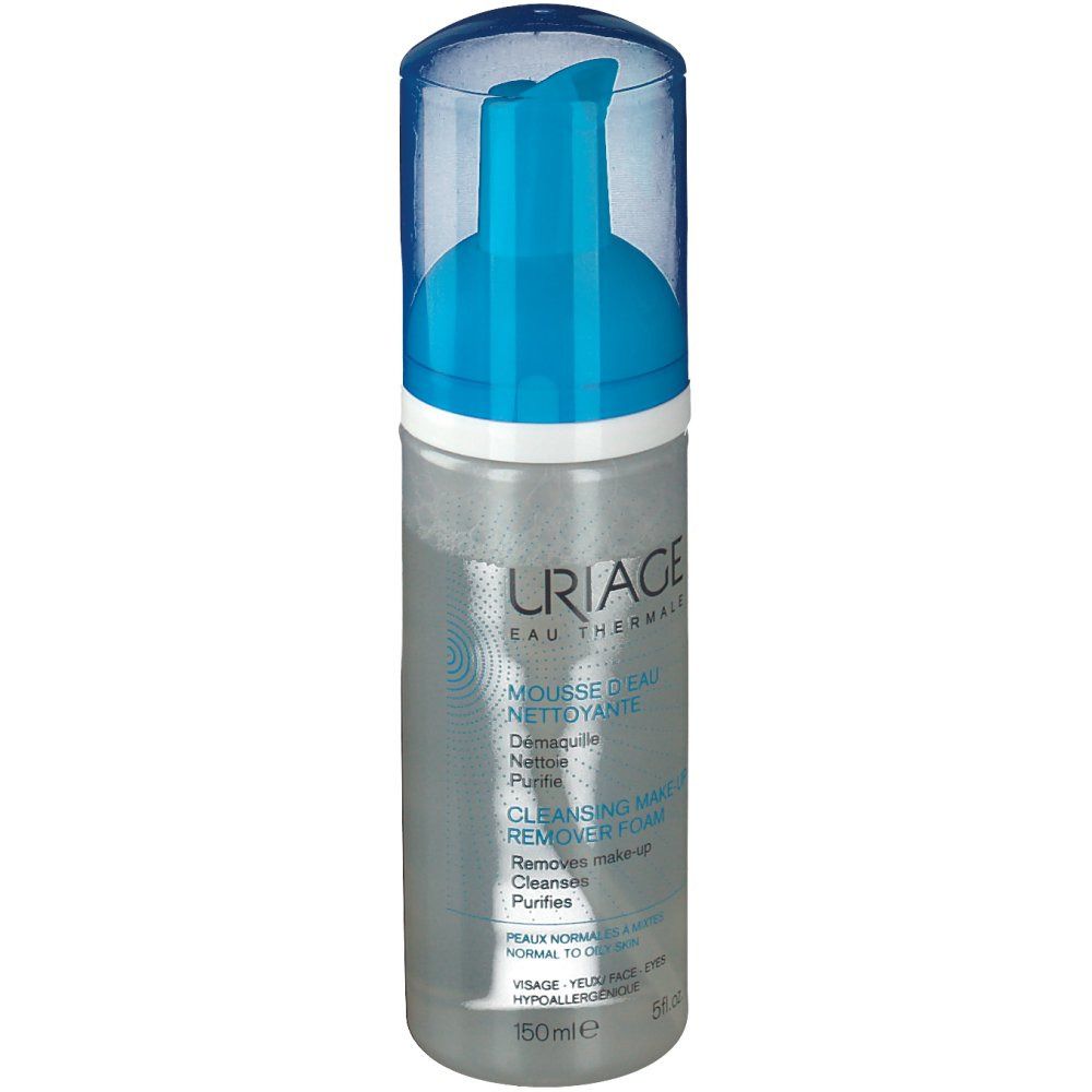 Uriage Reinigings-Wasserschaum. Transparante fles met blauwe pomp. Opschrift: Uriage, Mousse d'Eau, Cleansing Make-up Remover Foam. 150ml.