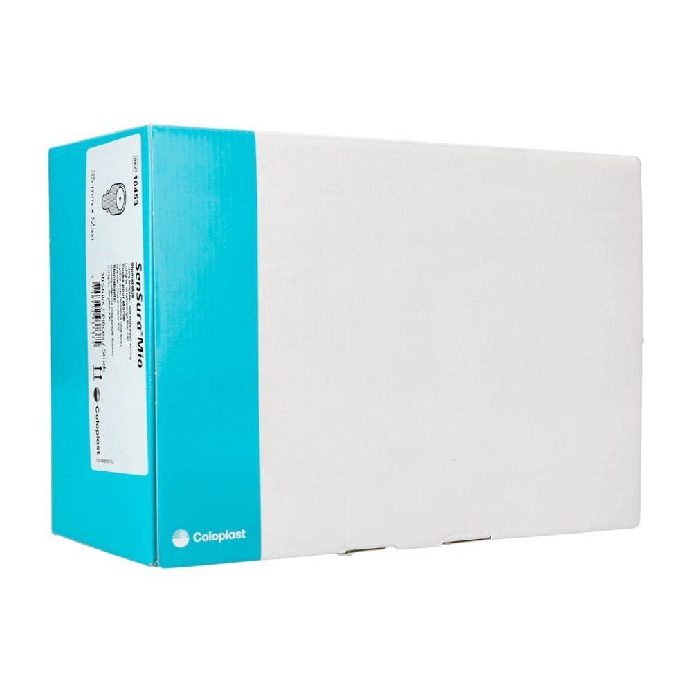 Boîte de Coloplast SenSura Mio. Blanc et bleu. Inscription SenSura Mio et Coloplast. Emballage du produit.