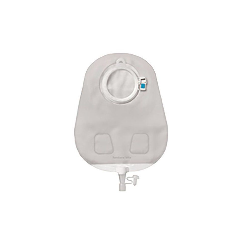 Poche pour stomie. Transparente, avec fermeture bleue. Ouverture visible, deux fenêtres.