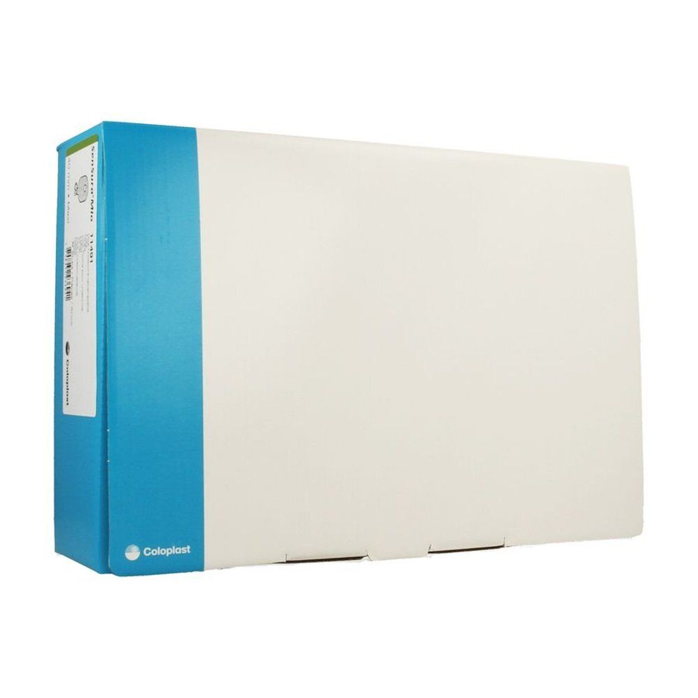 Emballage Coloplast. Boîte rectangulaire, blanche avec bande bleue. Informations produit sur le côté.