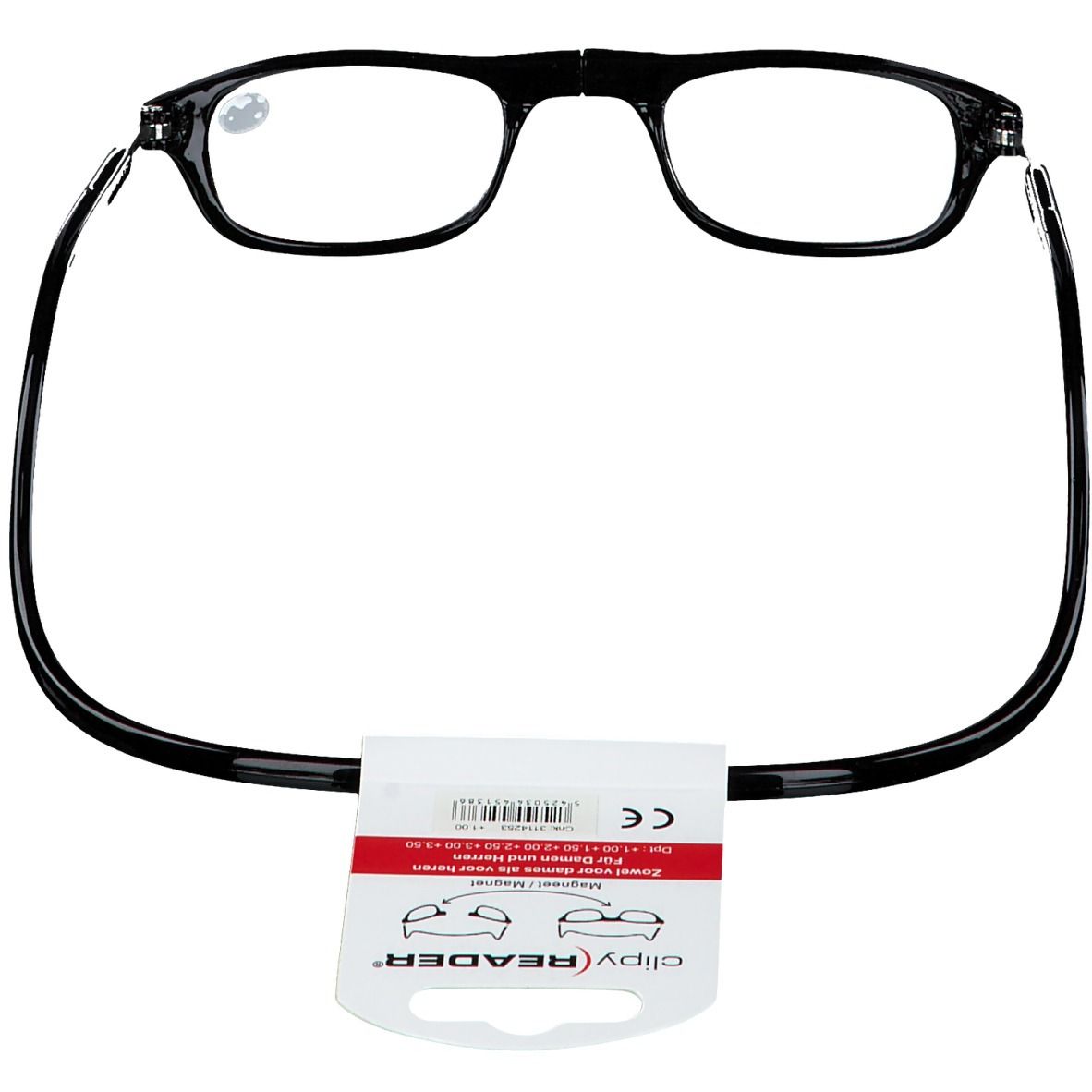 Zwarte bril +1.00. Label met productinformatie.