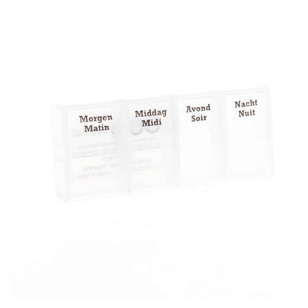 Transparante pillendoos met vier vakken. Opschriften: Ochtend/Matin, Middag/Midi, Avond/Soir, Nacht/Nuit.