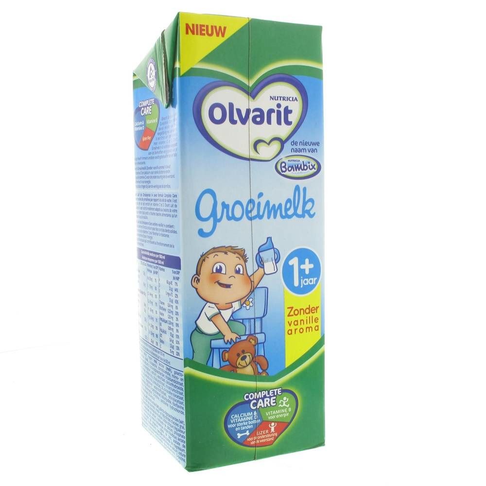 Emballage de Olvarit Bambix Grow Milk +1. Inscription: Groeimelk, 1+ jaar, Zonder vanille aroma. Illustration d'un bébé avec un biberon.