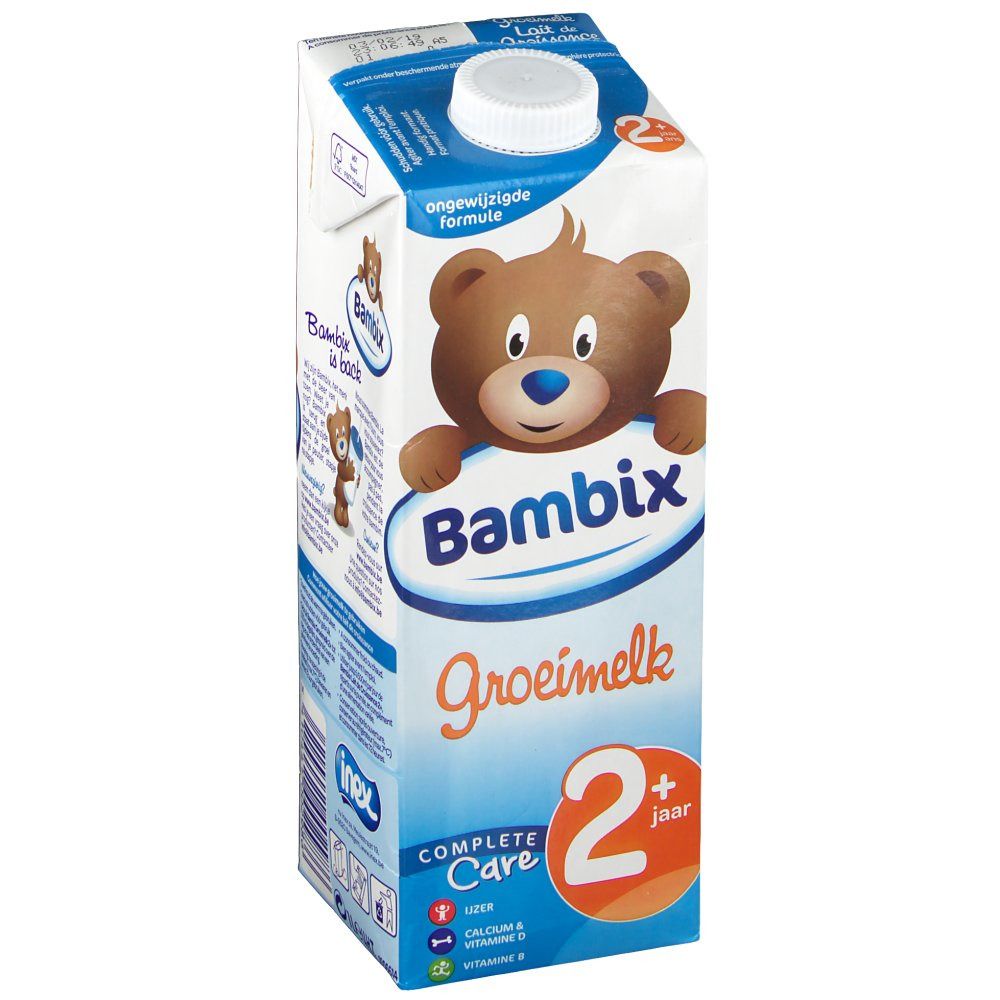 Tetrapack met Bambix Grow Milk +2. Afbeelding van een beer. Opschrift: Groeimelk, Complete Care, 2+ jaar.