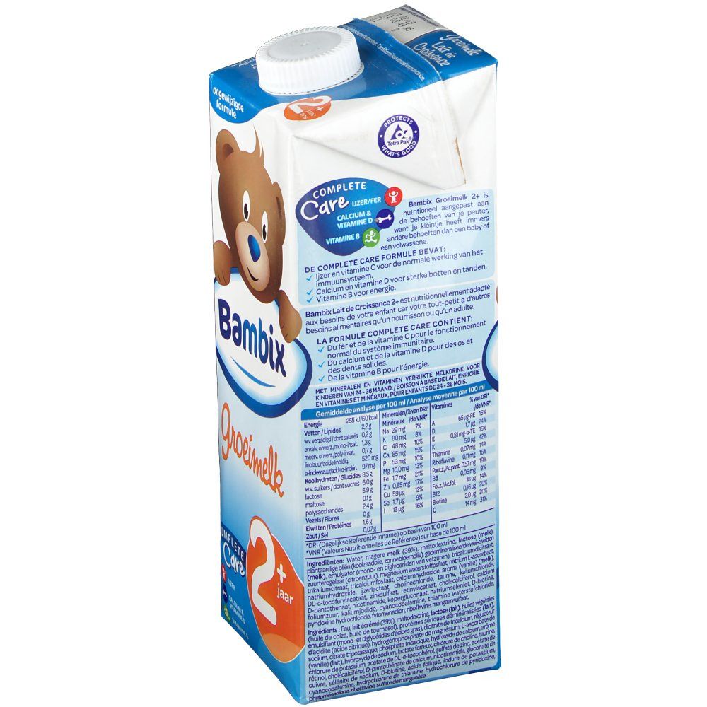 Achterkant van de tetrapack Bambix Grow Milk +2. Tekst met voedingswaarden en productinfo. Witte dop.