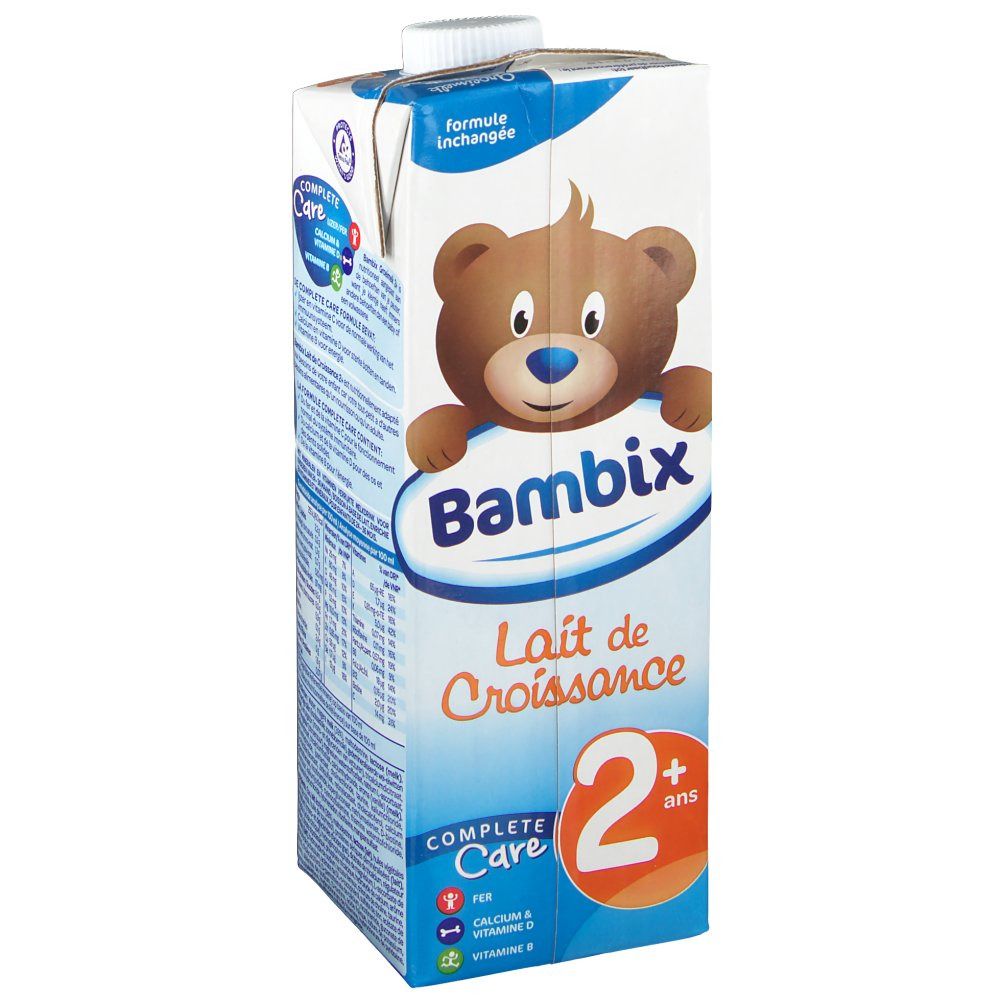 Tetrapack Bambix Lait de Croissance 2+. Afbeelding van een beer. Opschrift: Lait de Croissance, Complete Care, 2+ ans.