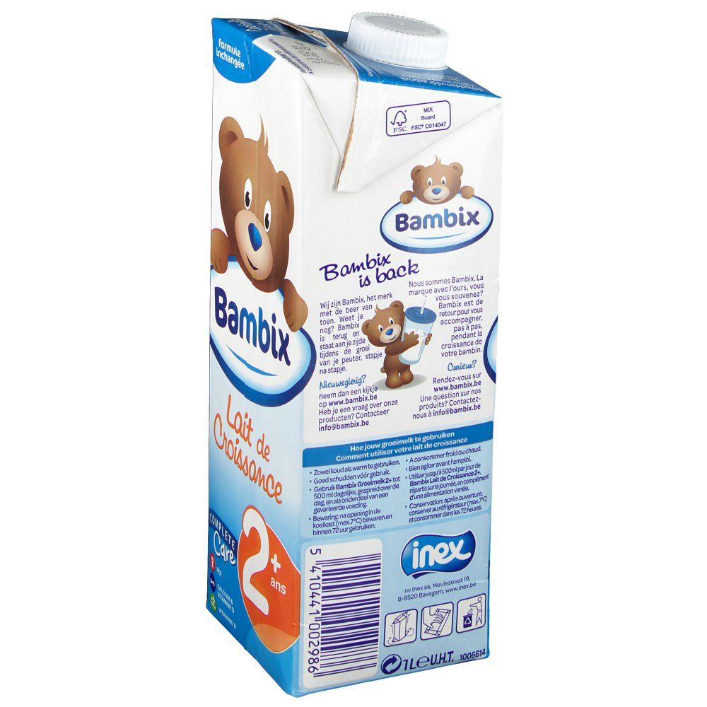 Achterkant van de tetrapack Bambix Lait de Croissance 2+. Tekst en productinfo. Witte dop.