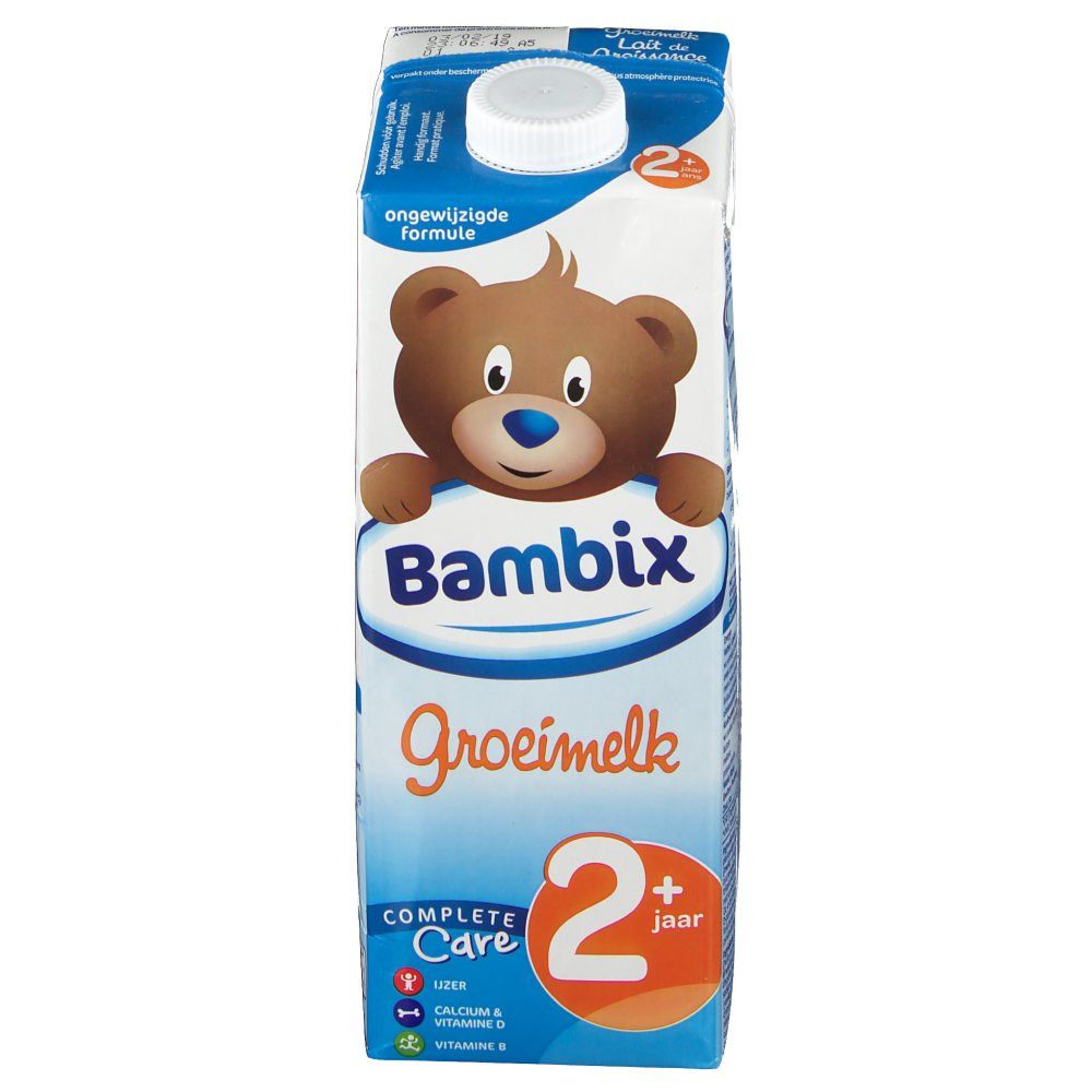 Tetrapack met Bambix Groeimelk 2+. Afbeelding van een beer. Opschrift: Groeimelk, Complete Care, 2+ jaar.