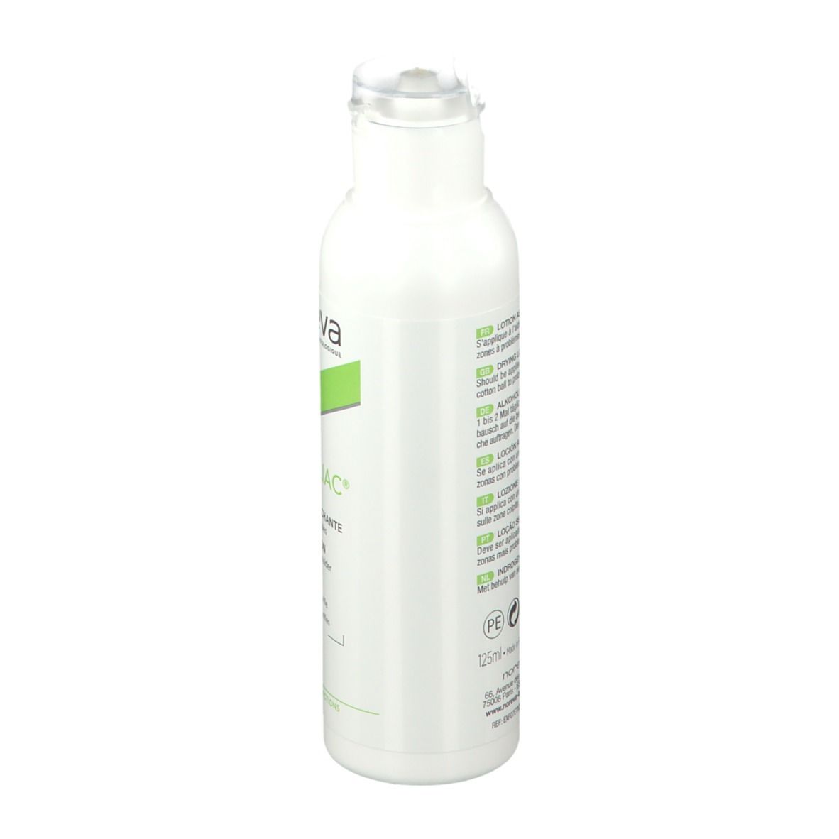 Witte fles met groen etiket. Opschrift: Noreva Exfoliac Lotion asséchante. Achterkant met meertalige tekst.