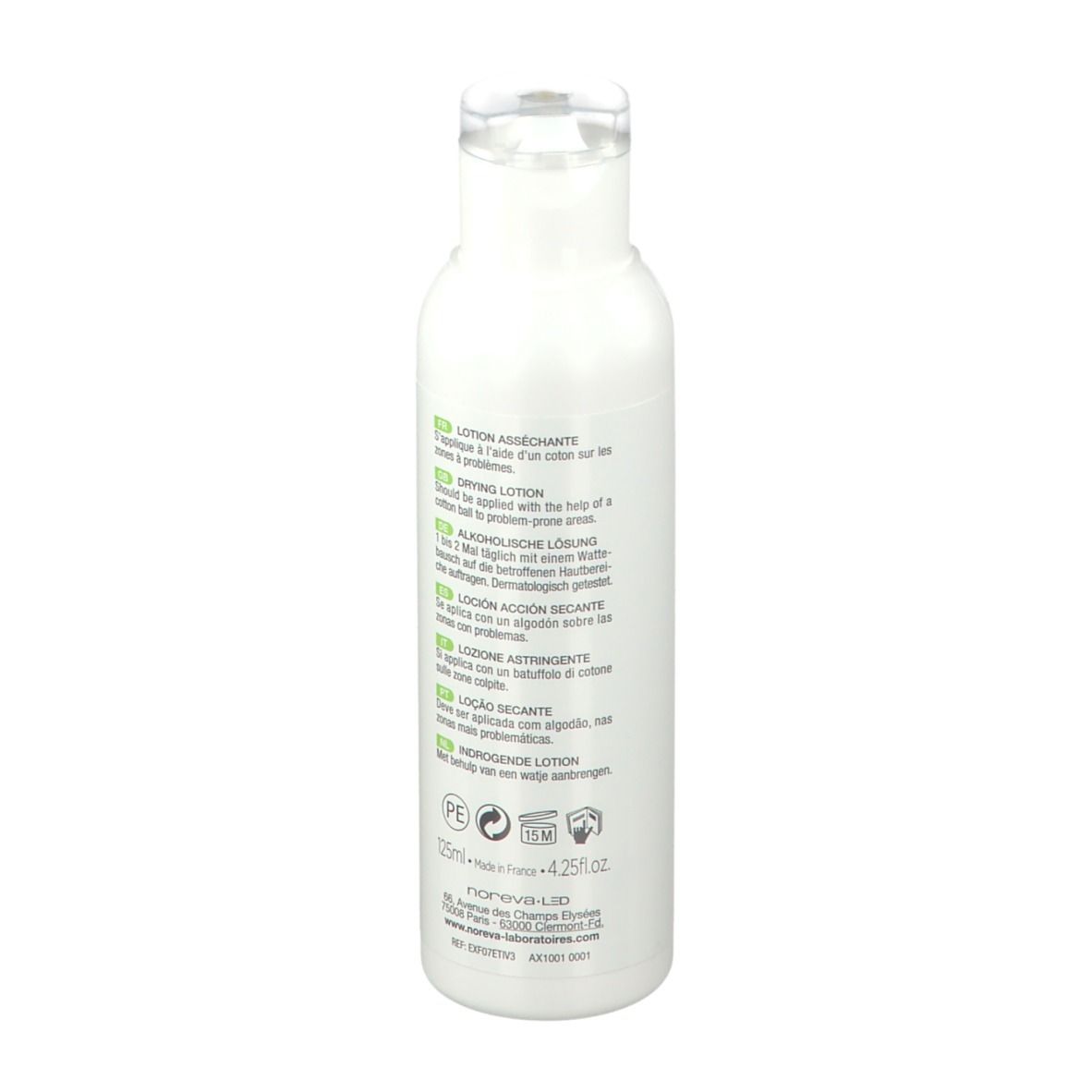 Witte fles met groen etiket. Opschrift: Noreva Exfoliac Lotion asséchante. Achterkant met meertalige tekst.