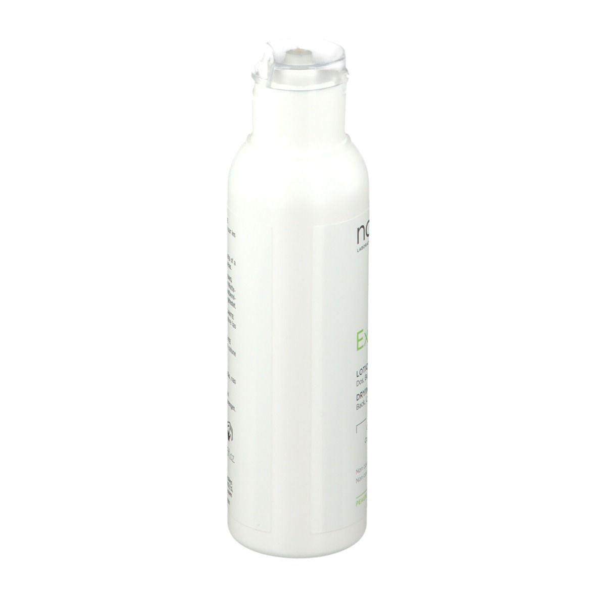 Witte fles met groen etiket. Opschrift: Noreva Exfoliac Lotion asséchante. Achterkant met meertalige tekst.
