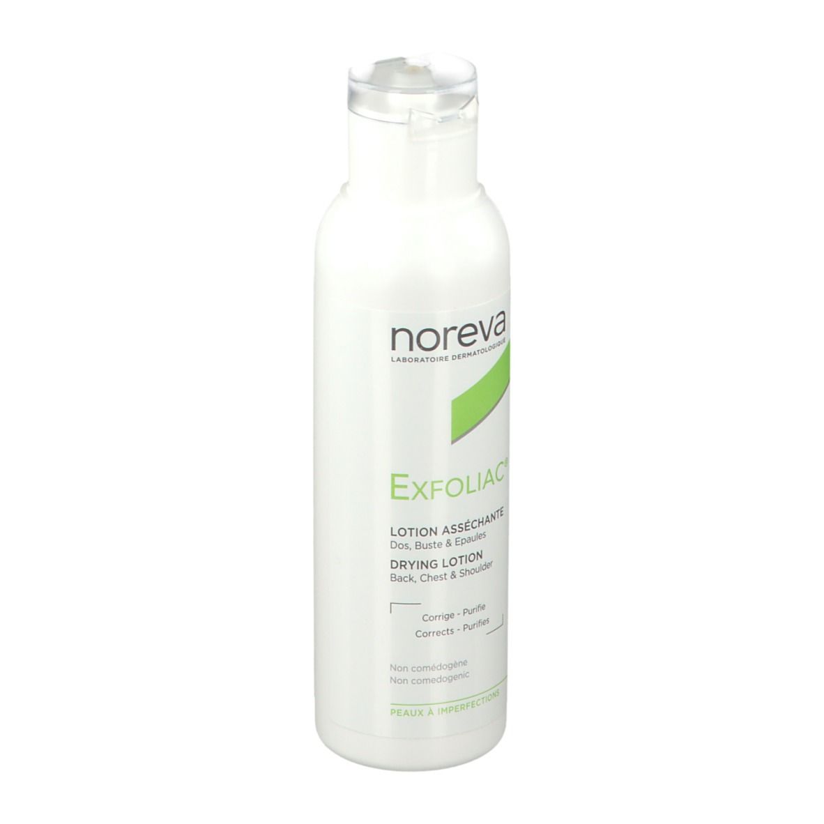 Witte fles met groen etiket. Opschrift: Noreva Exfoliac Lotion asséchante. Voor rug, borst & schouders.