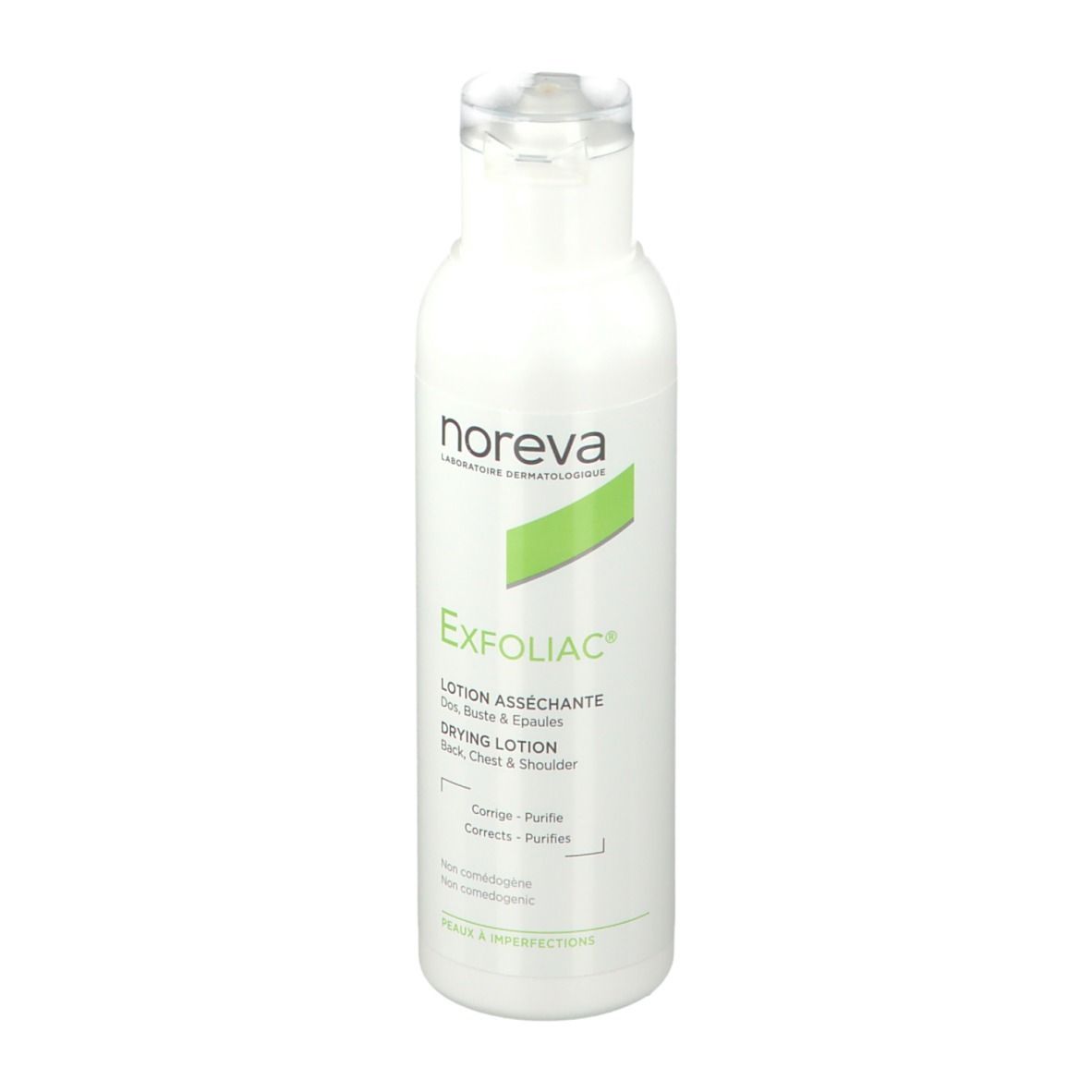 Witte fles met groen etiket. Opschrift: Noreva Exfoliac Lotion asséchante. Voor rug, borst & schouders.