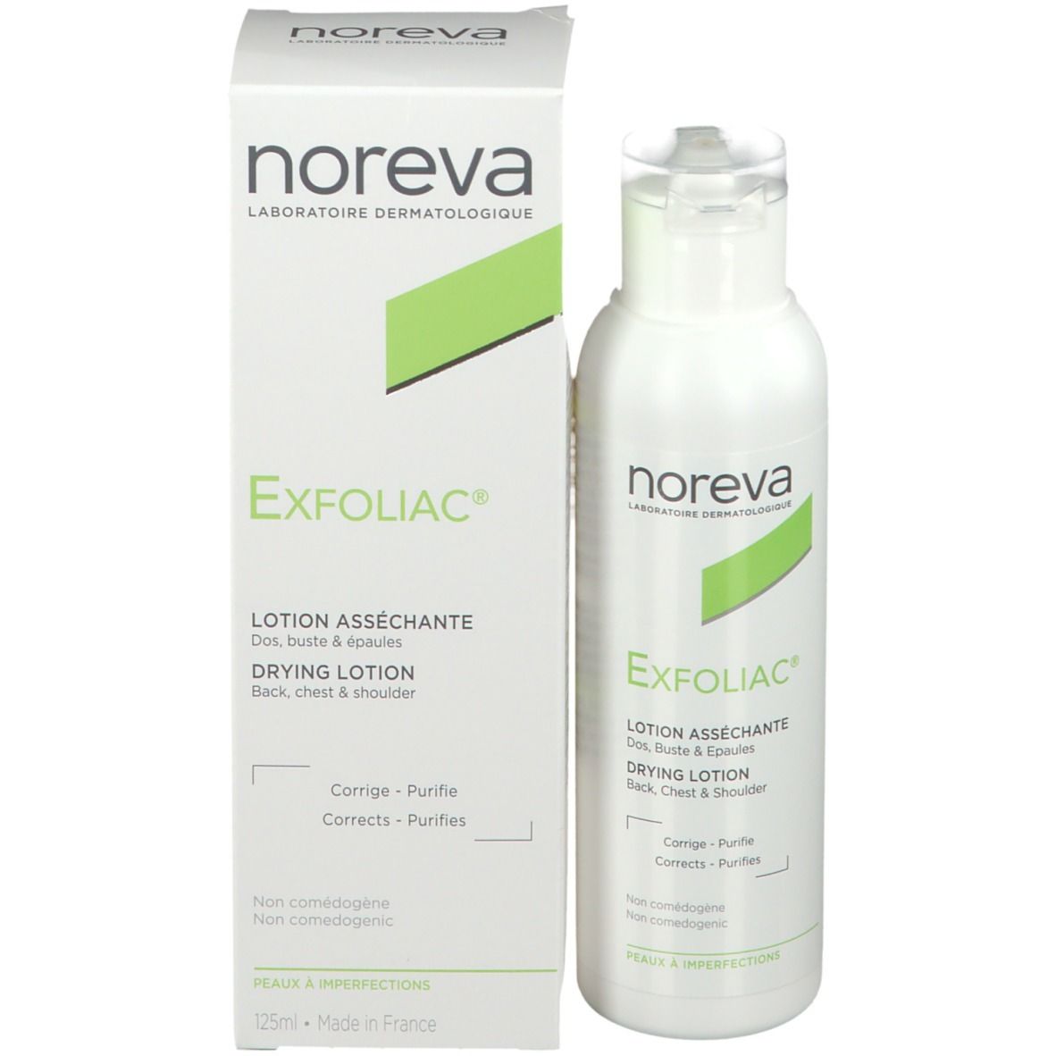 Productverpakking met fles en doos. Opschrift: Noreva Exfoliac Lotion asséchante. Voor rug, borst & schouders.