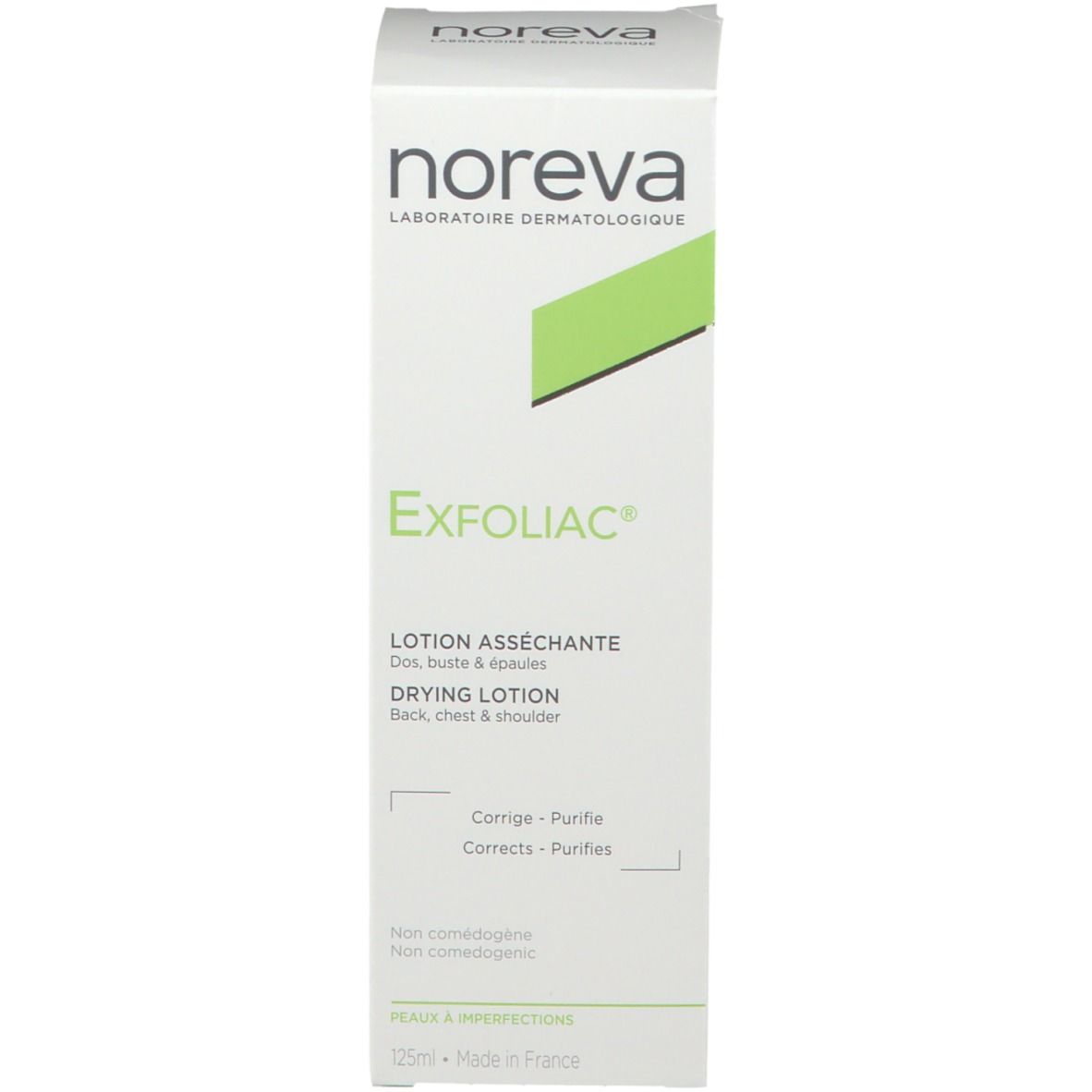 Productverpakking. Opschrift: Noreva Exfoliac Lotion asséchante. Voor rug, borst & schouders. 125ml.