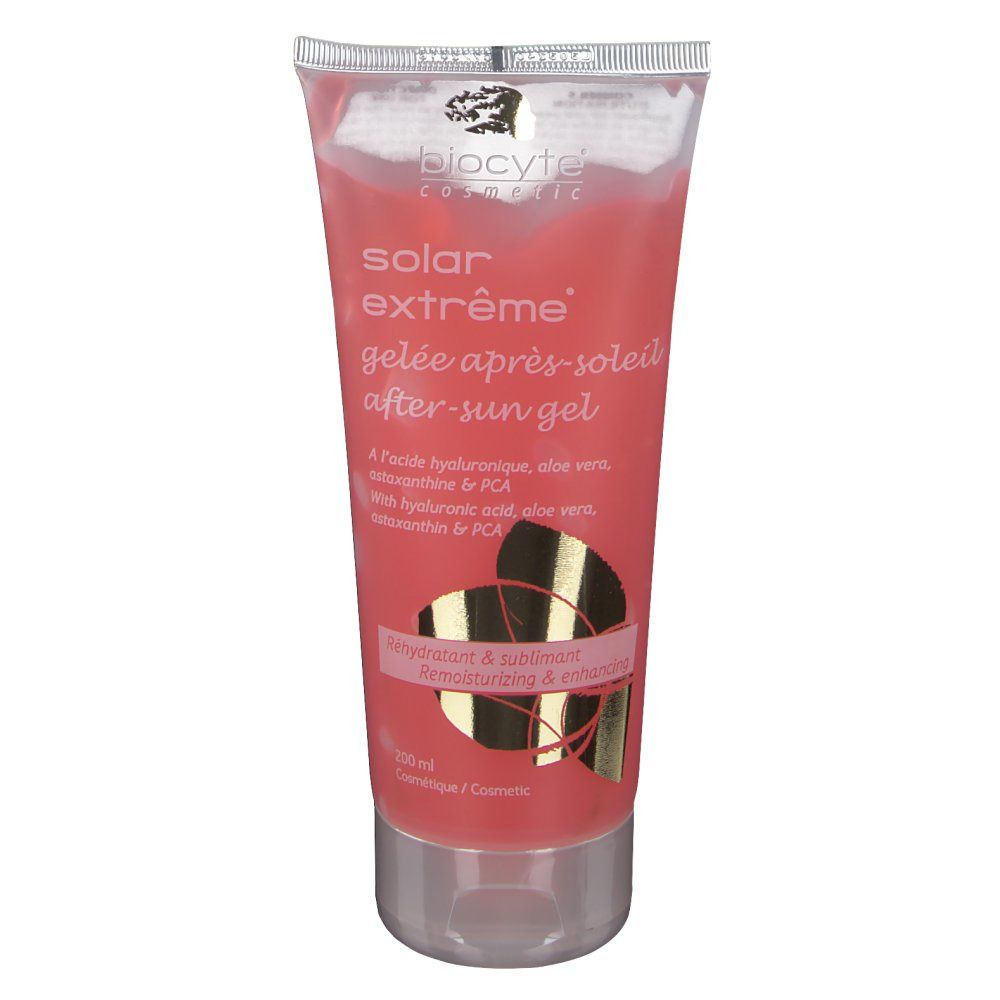 Tube after-sun gel. Naam en merk zichtbaar. Roze gel in transparante verpakking.