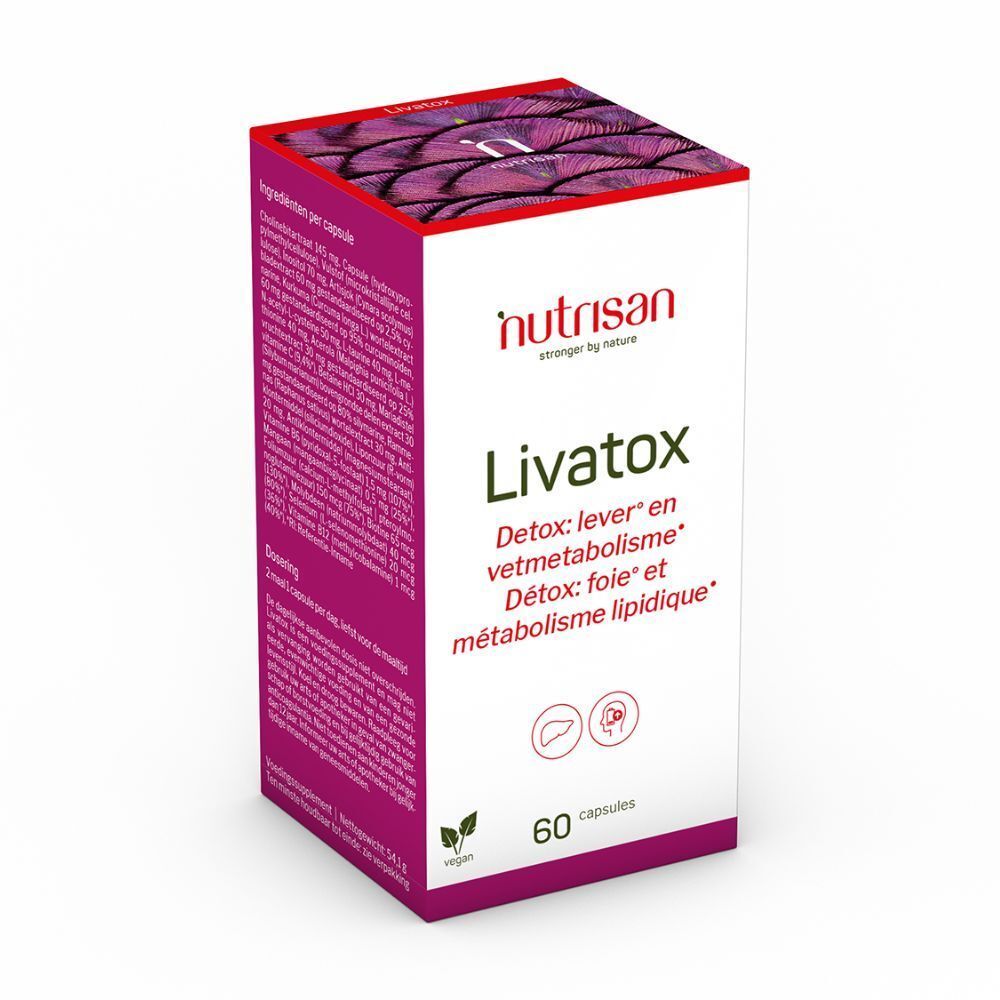 Witte doos Nutrisan Livatox. 60 capsules. Tekst: Detox, lever, vetmetabolisme. Logo en productnaam.