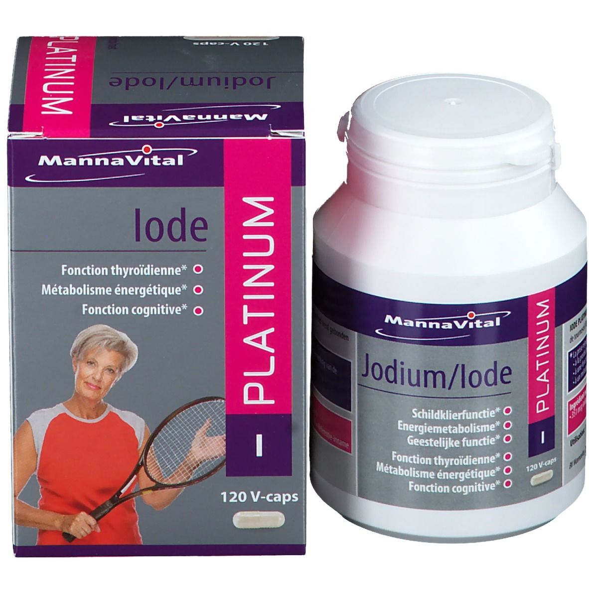 Emballage du produit avec flacon et boîte. Inscription: Mannavital Iode Platinum. Contient 120 V-caps. Une femme avec une raquette de tennis est représentée.