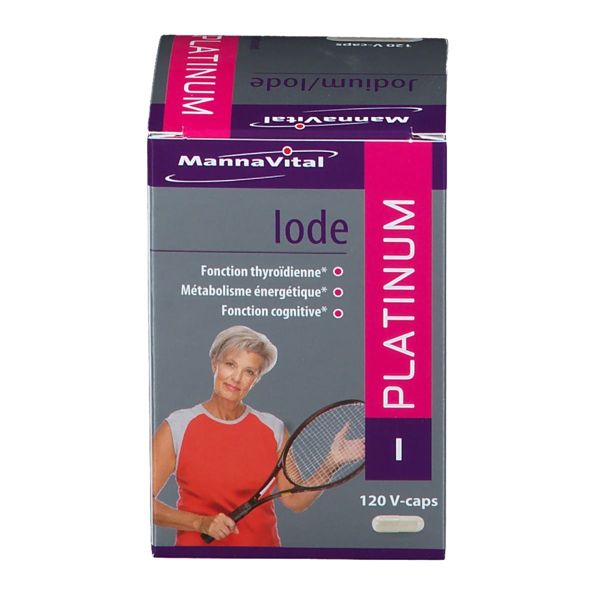 Emballage du produit. Inscription: Mannavital Iode Platinum. Contient 120 V-caps. Une femme avec une raquette de tennis est représentée.