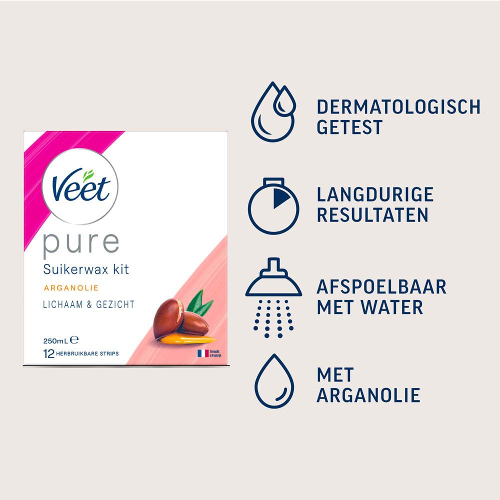 Veet Minima Pure™ wax. Witte pot met roze deksel. Productnaam en tekst. Bevat suiker en arganolie.
