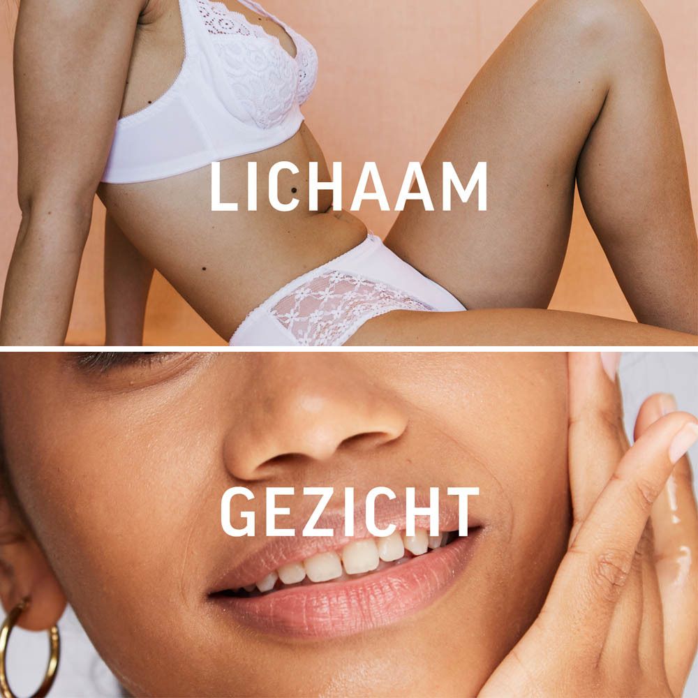 Veet Minima Pure™ wax. Witte pot met roze deksel. Tekst op de achterkant. Voorzorgsmaatregelen.