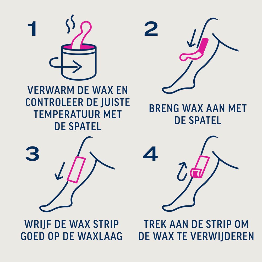 Veet Minima Pure™ wax. Witte pot met roze deksel. Tekst op de achterkant. Voorzorgsmaatregelen.