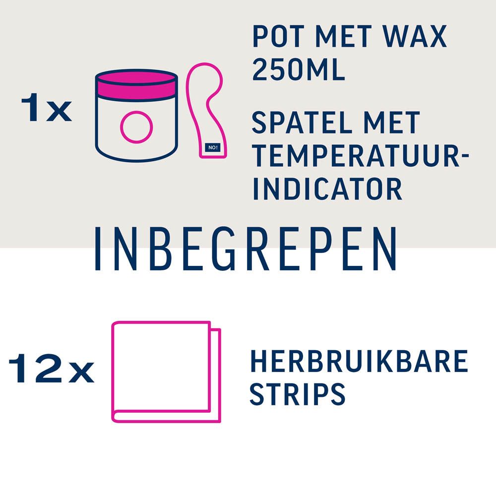 Veet Minima Pure™ wax. Witte pot met roze deksel. Tekst op de achterkant. Contactgegevens.