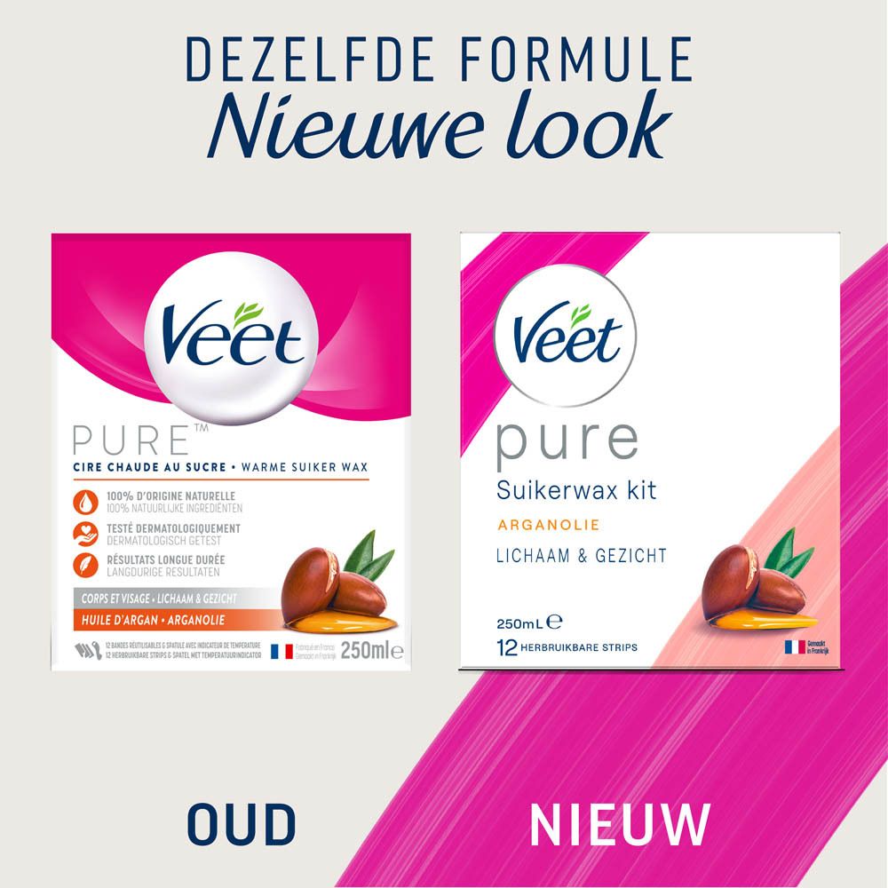 Veet Minima Pure™ wax. Witte pot met roze deksel. Productnaam en tekst. 250ml.