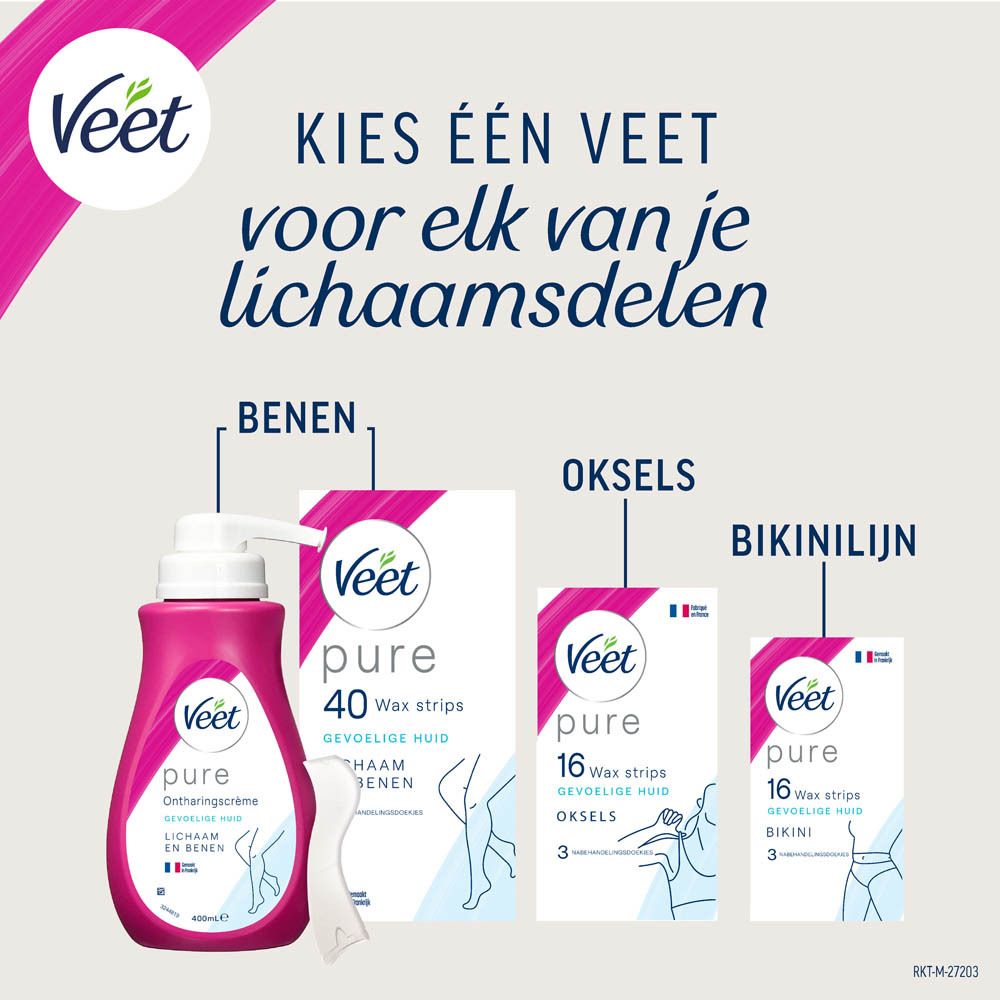 Veet Minima Pure™ wax. Roze-witte verpakking en pot. Productafbeelding en tekst. 250ml.