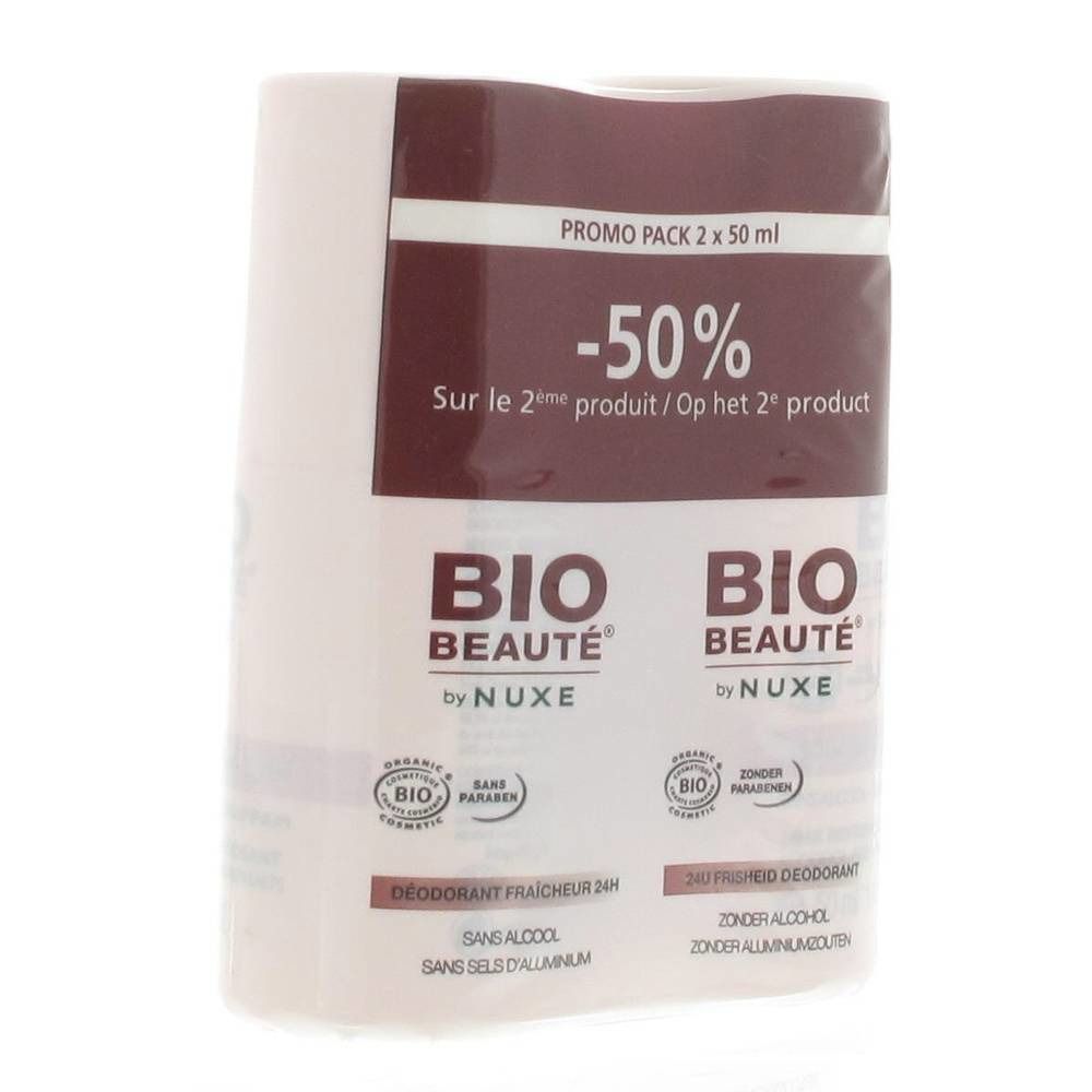 Pack de deux déodorants. Emballage blanc et marron avec l'inscription BIO BEAUTÉ by NUXE. Texte : -50% sur le 2ème produit. Sans alcool, sans sels d'aluminium.