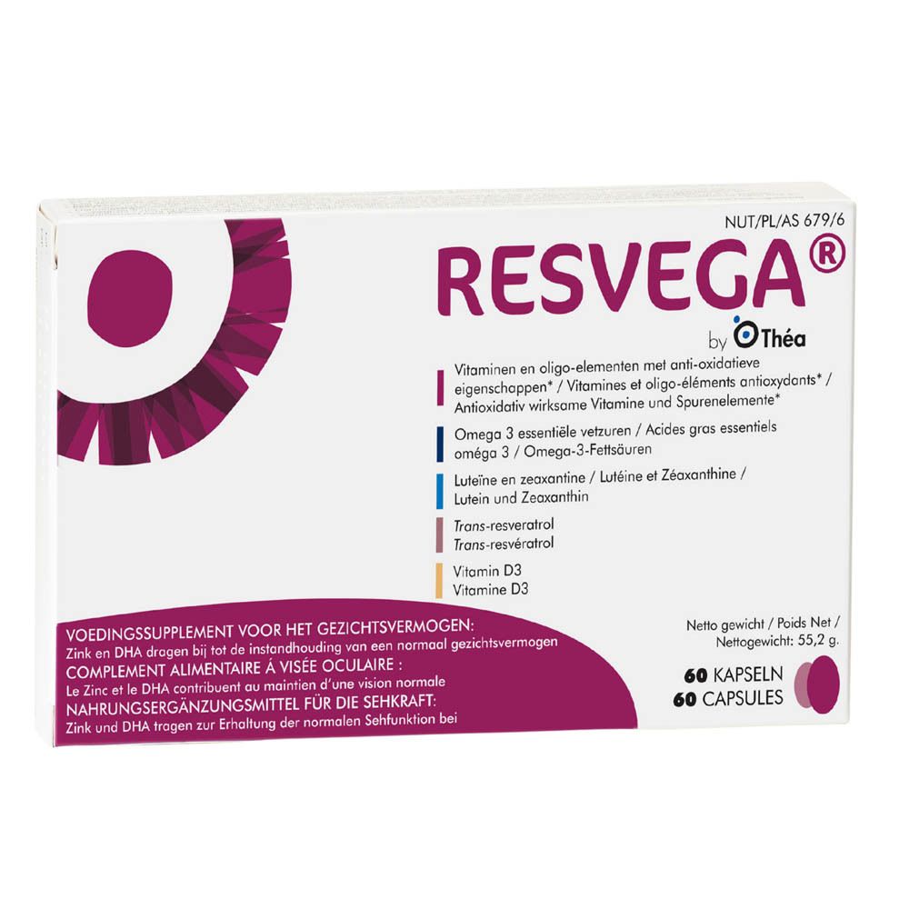 RESVEGA®-verpakking met 60 capsules. Bevat vitaminen, omega 3, luteïne, zink, vitamine D3. Merk: Thea.