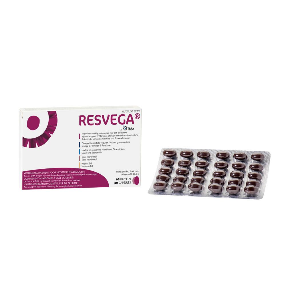 RESVEGA®-verpakking en blisterverpakking met capsules. 60 capsules. Merk: Thea.